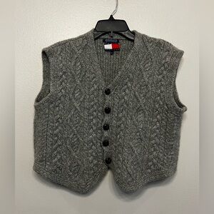VTG Y2K Tommy Hilfiger Men’s V Neck Sweater Vest Gray Wool Cable Rare Mens Large